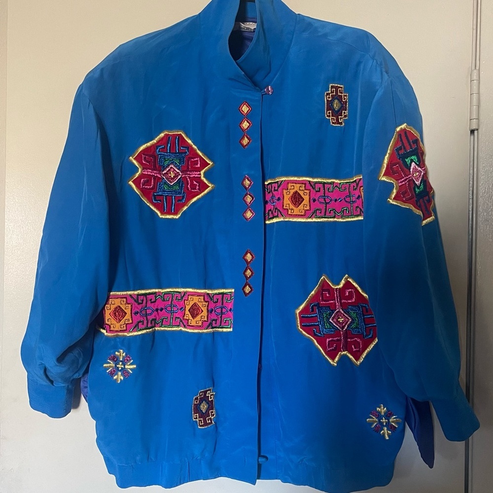 Vintage Adam Douglass Adrianna Papell Blue Silk Embroidered Patchwork Jacket